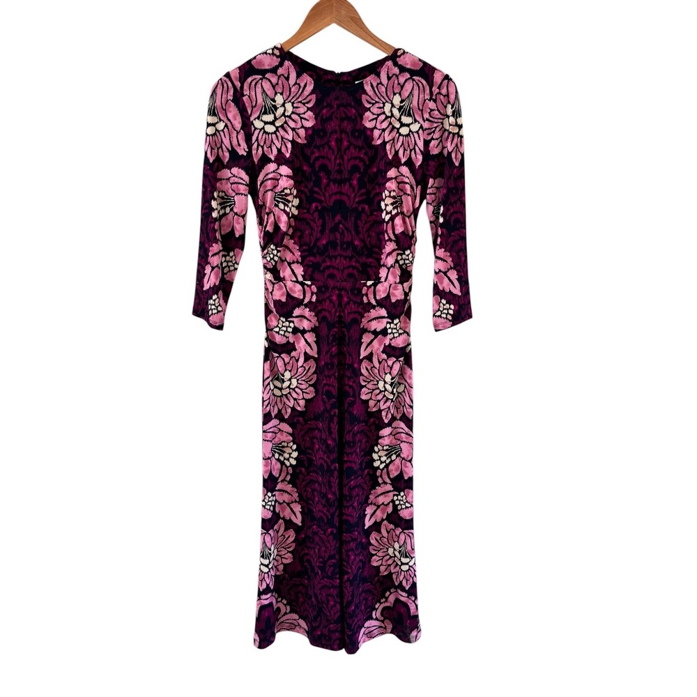 Womens Floral Dress Size 4 Pink Purple Stretch Garden Party Travel Midi
